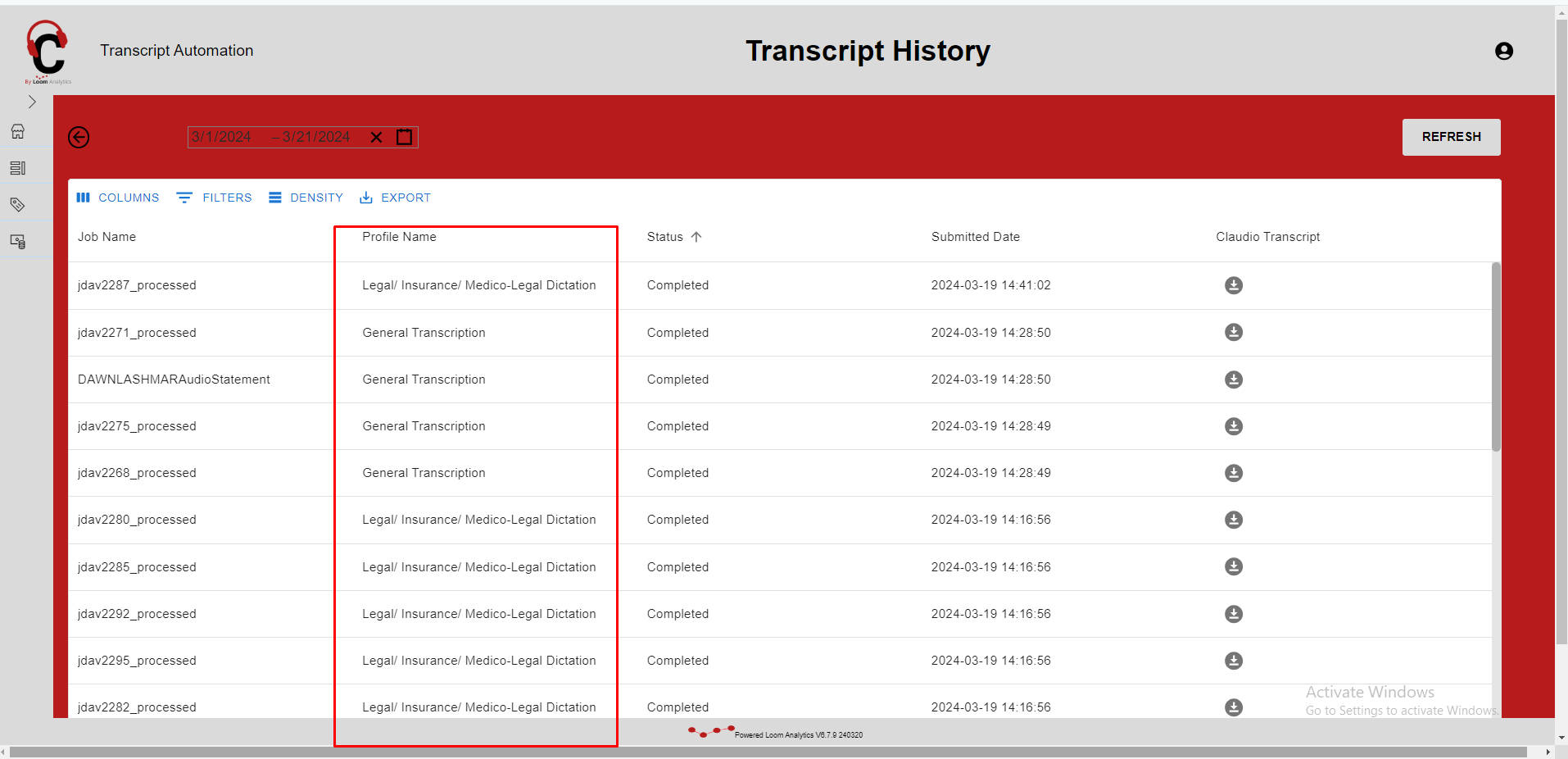 What is the Transcript History Report?